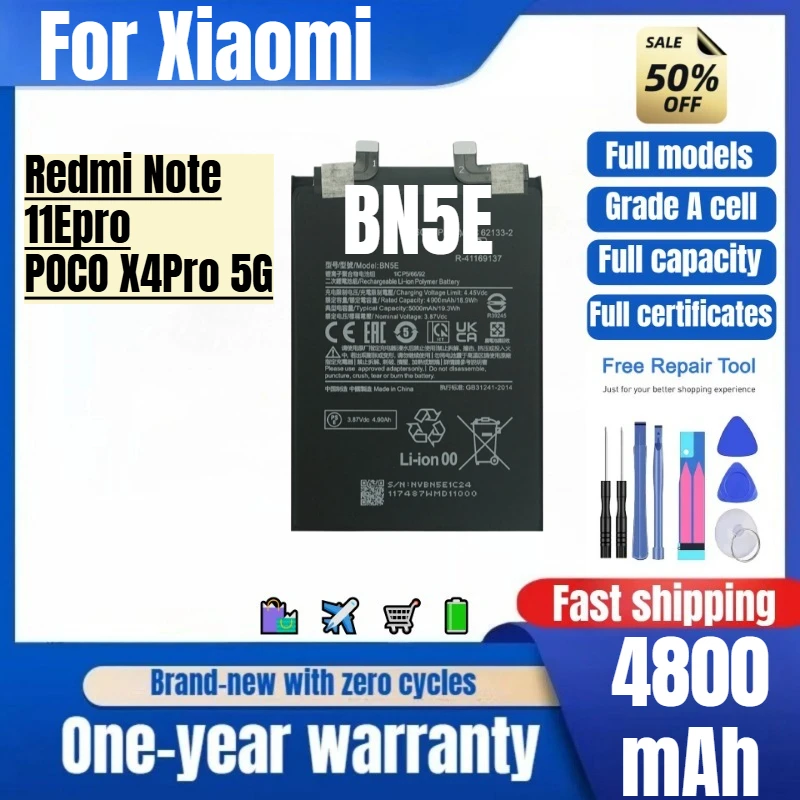 

BN5E for Xiaomi Redmi Note 11Epro/POCO X4Pro 5G Phone Battery High Quality Capacity Replacement Bateria Grade A Cell with Tools