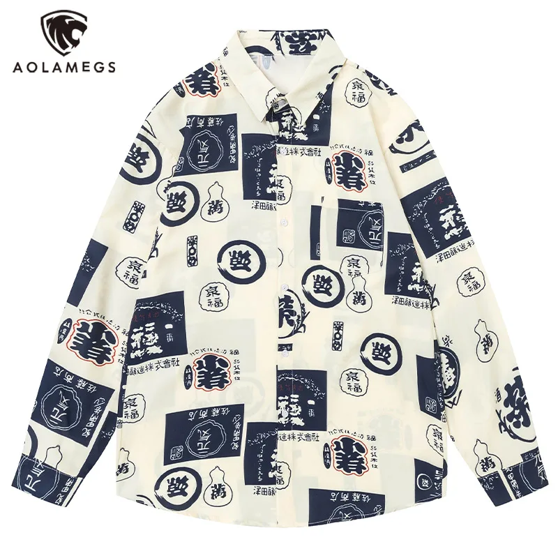 Men's Shirts Text Pattern Printed Blouse Japanese Simple Style Unisex Tops M-2XL Button Long Sleeve Lapel Coats Autumn New