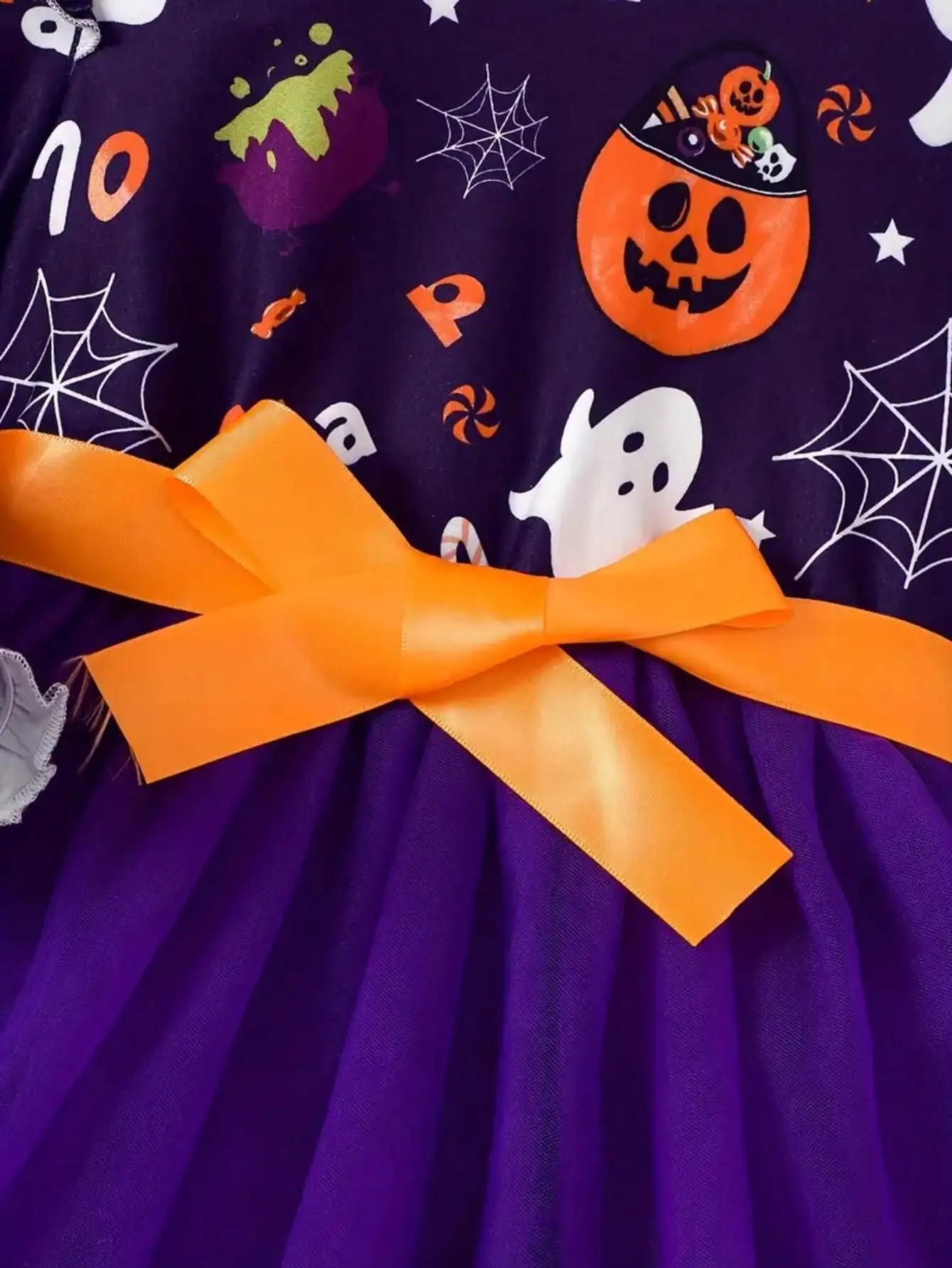 Kinder-Halloween-Kleid mit langen Ärmeln und Netzstoff, Kürbis-Geister-Muster, Rundhalsausschnitt, mittellanger Rock für Kinderkostüme – Detail 5