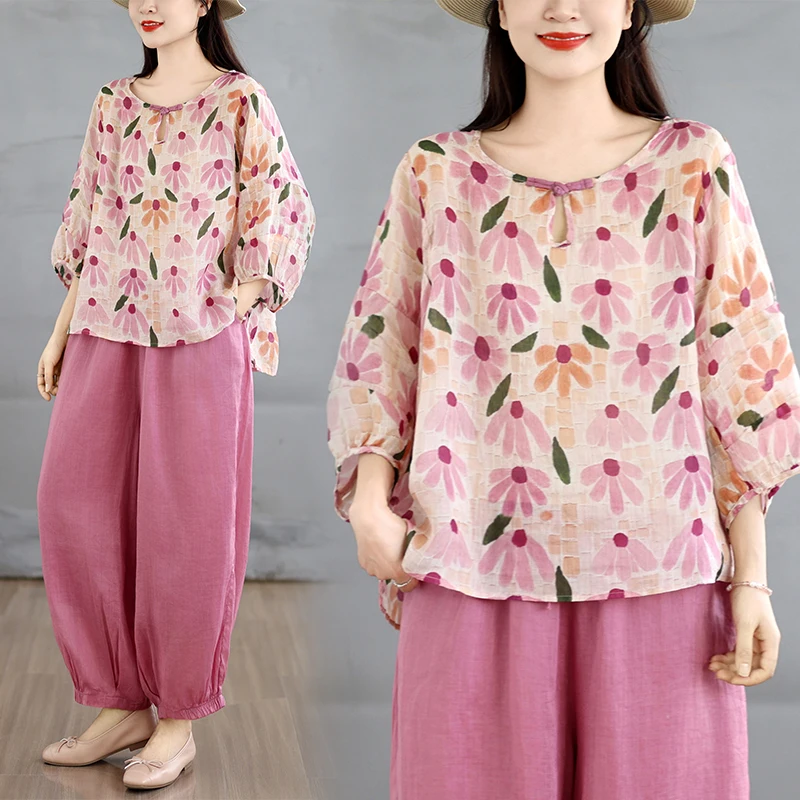 

New Chinese Style Cotton Linen Two-Piece Set Casual Top And Pants Women's plus Size Summer Outfit Comfortable Commute Fashion