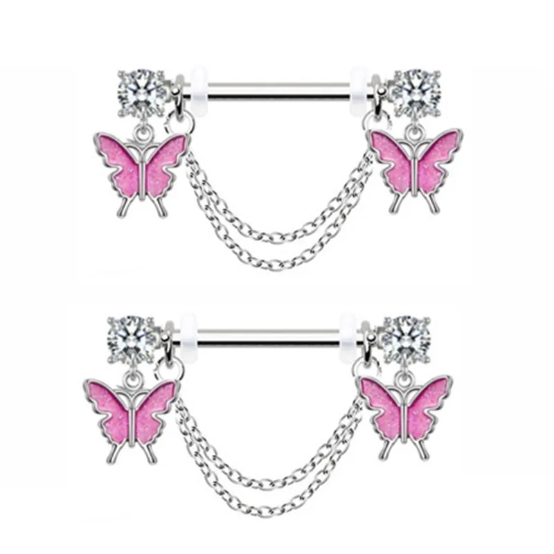 1Pair Pink Butterfly Nipple Piercing Jewelry Shiny Crystal Nipple Rings For Women Girls Heart Nipple Barbells Piercing Pezon