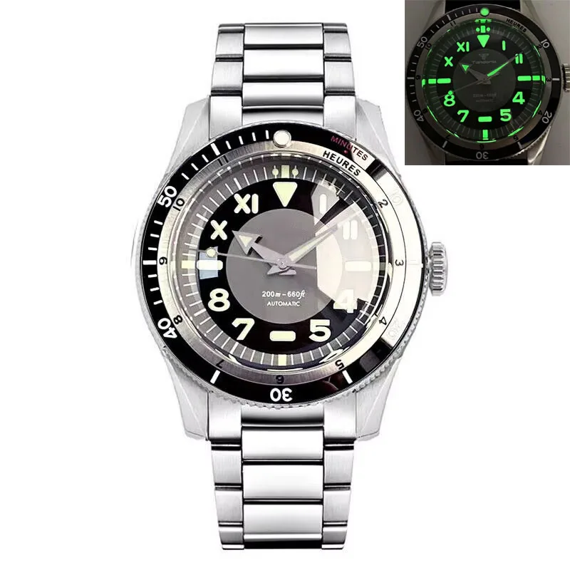 

Лидер продаж, ретро 40 мм, черно-серые, супер светящиеся циферблаты, мужские часы с двойным куполом, сапфировое стекло, 20 АТМ, NH35/PT5000, автоматический механизм