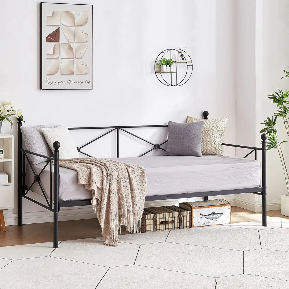 

Классический металлический каркас кушетки с изголовьем, двойной размер, черный - многофункциональный диван-кровать для домашнего декора