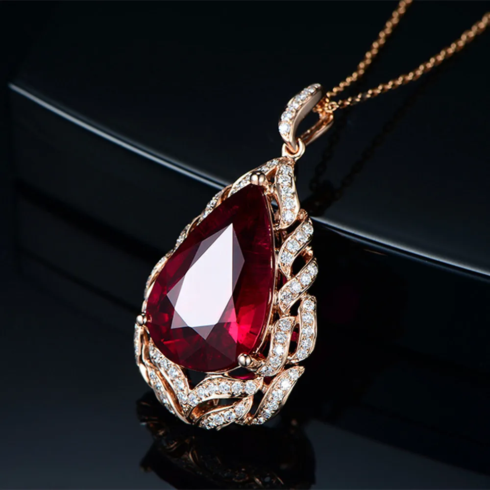 Big Red Gemstones Ruby Zircon Diamonds Water Drop Pendant Necklaces for Women 18k Rose Gold Filled Chain Fine Jewelry Gifts New