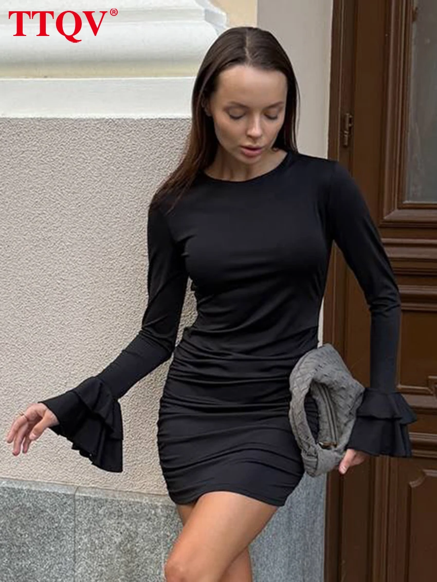 

TTQV Bodycon Black Knitted Women's Dress Fashion O-Neck Long Sleeve Mini Dresses Elegant Classic Solid Female Dress Streetwear