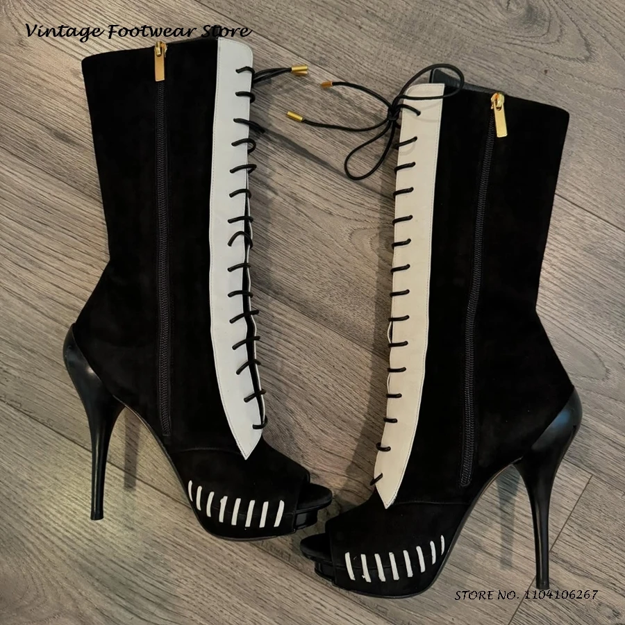 

Ботильоны на платформе с перекрестной завязкой в стиле пэчворк, винтажные ботинки до середины икры на тонком каблуке с открытым носком, весна-лето, модные ботинки с боковой молнией