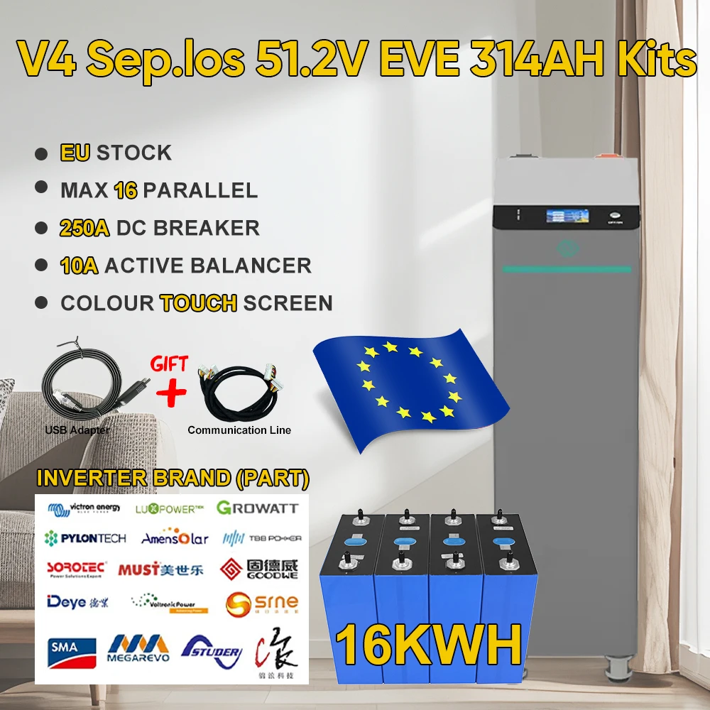 Poland Stock 16KWH V4 Seplos Lifepo4 Battery Kits MB31 EVE314 8000 Grade A+ With 10A Active Balancer Home Solar Free Shipping EU