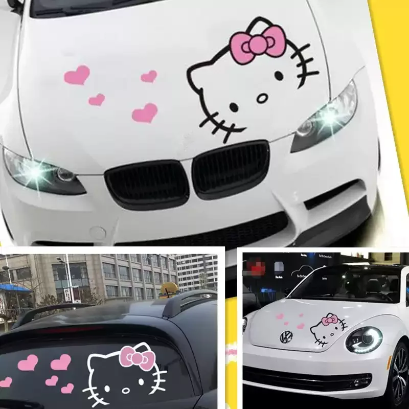 MINISO Super Cute Cartoon HelloKitty Car Hood Car Stickers Personality Pull Flower Car Head Cover Body Decoration Anime Stickers