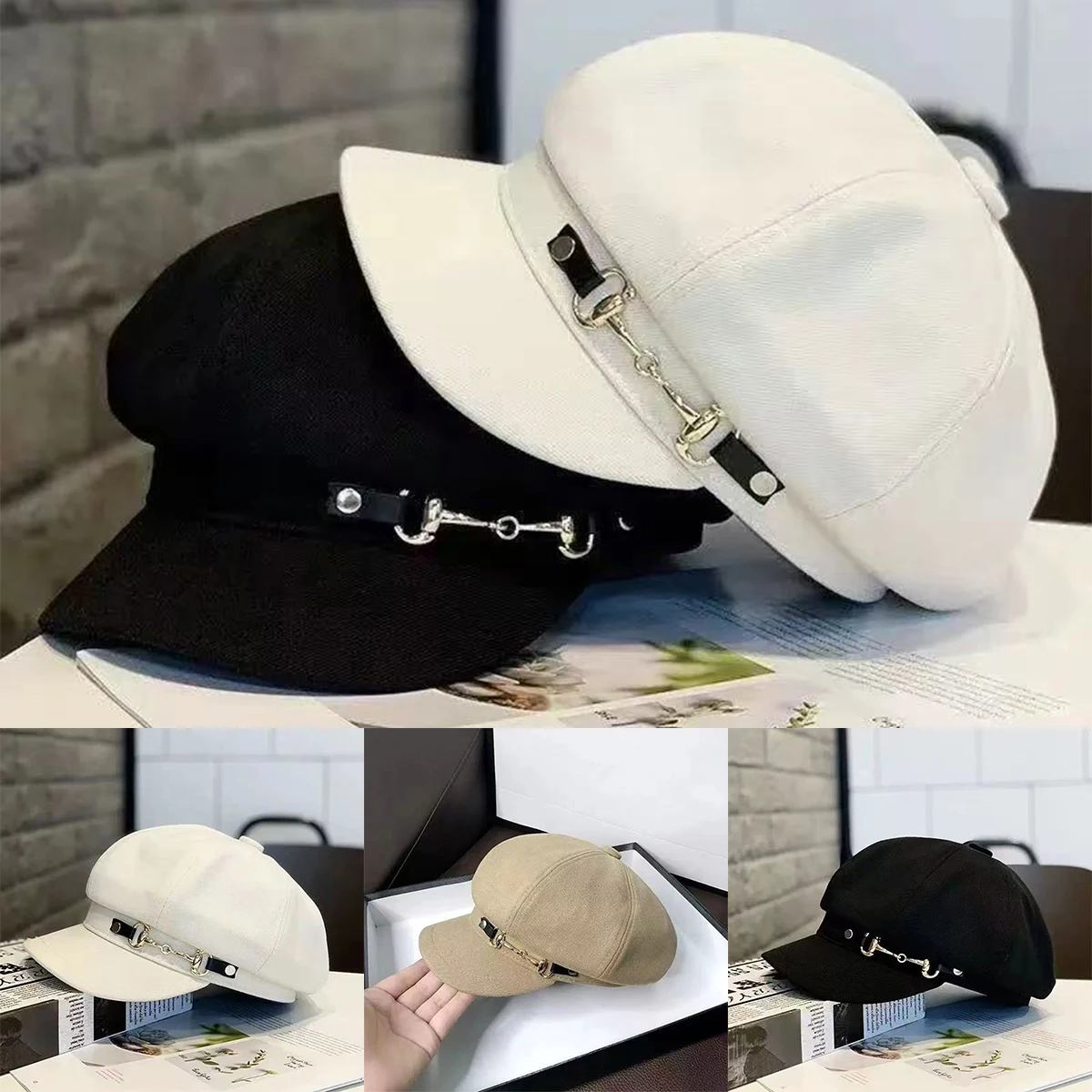 Unisex Personality Chain Newsboy Hat Spring Autumn Retro Beret Hats Wild Casual Hats Unisex Wild Octagonal Cap