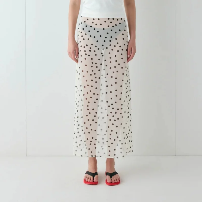 

Women Polka Dot Sheer Midi Skirt Sexy See Through Low Rise Long Skirt Flowy Mesh Cover Up Maxi Skirts Beachwear