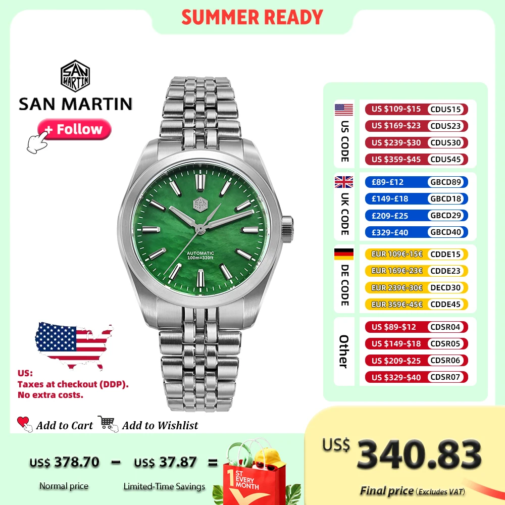 

San Martin 39 мм Роскошные мужские часы Miyota 90S5 MOP Dial Gada Автоматические механические часы Водонепроницаемые 10 бар светящиеся SN0144