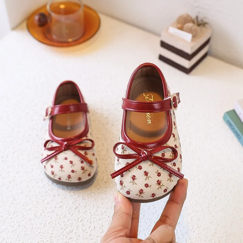 

Kids Leather Shoes Fashion Floral Girl Party Mary Jane Shoes for Toddler Lightweight Non-Slip Children Flat Shoes with Bow Decor