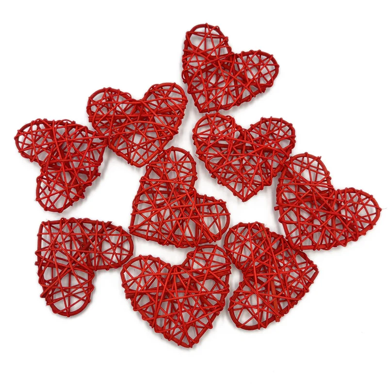 10pcs 5cm Natural Rattan Decorative Balls Heart Shaped, for Valentine\'s Day Decor, DIY Vase Bowl Filler, Wedding Decoration
