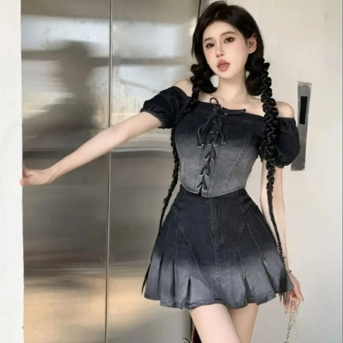 Two-Piece Spring Summer New One-Shoulder Off-Shoulder Strap Top High-Waisted Skirt Fashionable Retro Design Sexy Suit