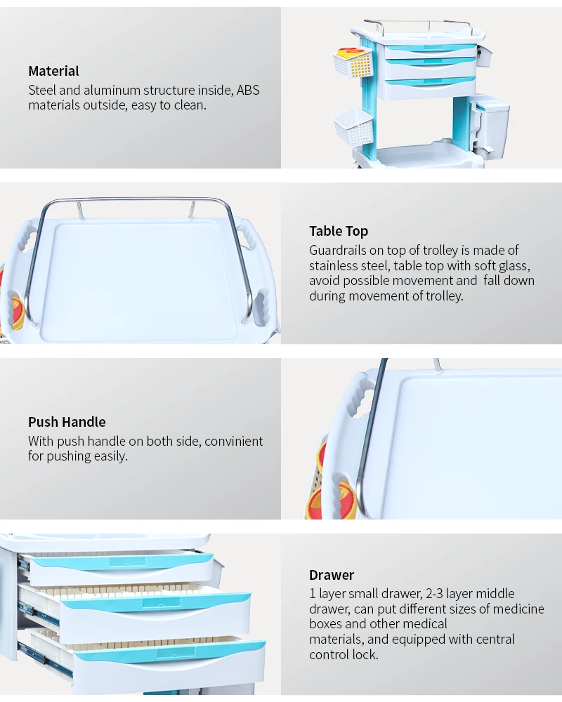 Hospital Furniture Factory Plastic Emergency Drug Cart Steel Medical Anaesthesia Medicine Trolley High Quality Medical