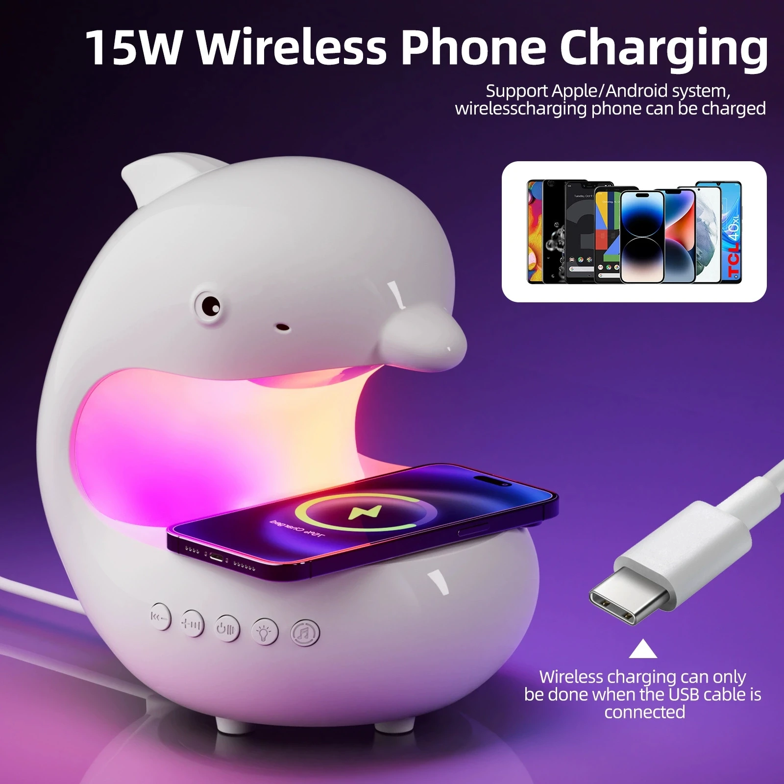 

Cute Dolphin RGB Atmosphere Night Light with Bluetooth Speaker & 15W Wireless Phone Charging for Home Bedroom Beside Table Lamp