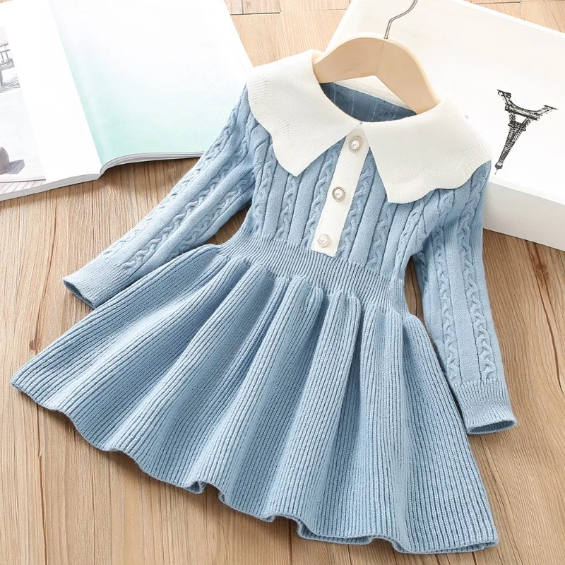 

Girls' Knit Dress Autumn New Korean Style Fashion Solid Color Little Girl Knitted Long Sleeve Princess Dress
