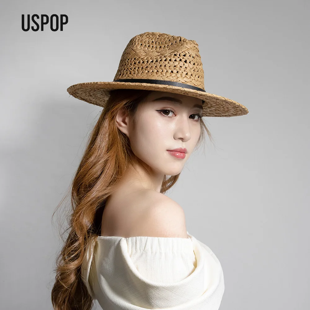 USPOP Spring Summer Women Handmade Paper Straw Fedora Hat with Belt Detail Wide Brim Sun Hat