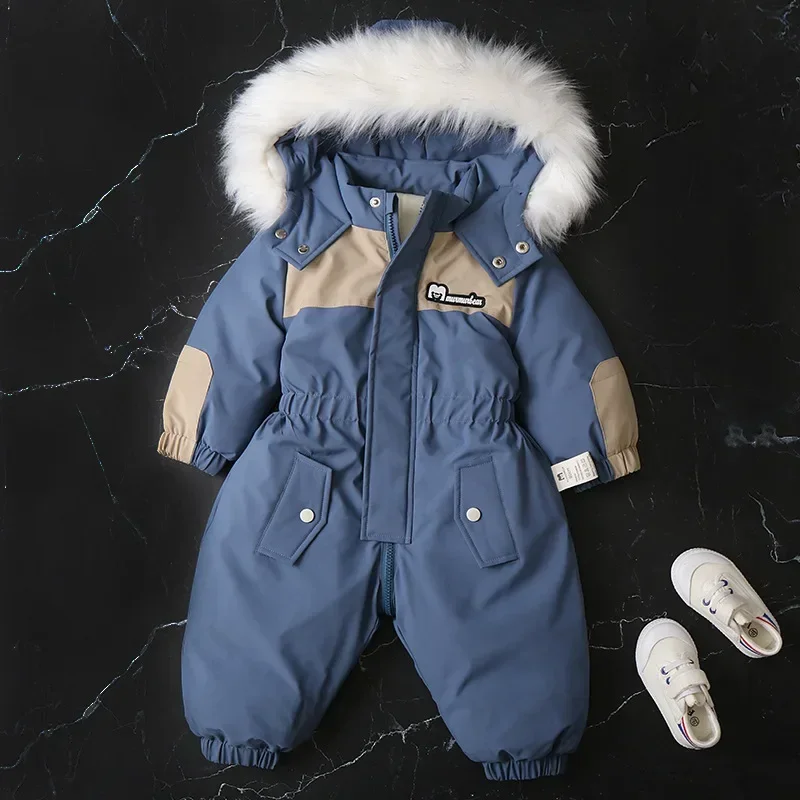 2024 Winter Kid\'s Ski Clothing Girls Snowsuit 2-5 Y Warm Overalls Boys Thicken Fur Lining Hooded Jumpsuit Children\'s Outwear