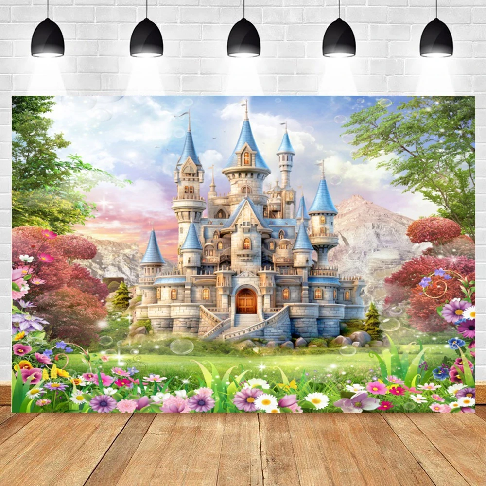 Pink Rainbow Castle Backdrops Flowers Forest Princess Birthday Party Dreamy Wedding Portrait Photography Background Photo Studio