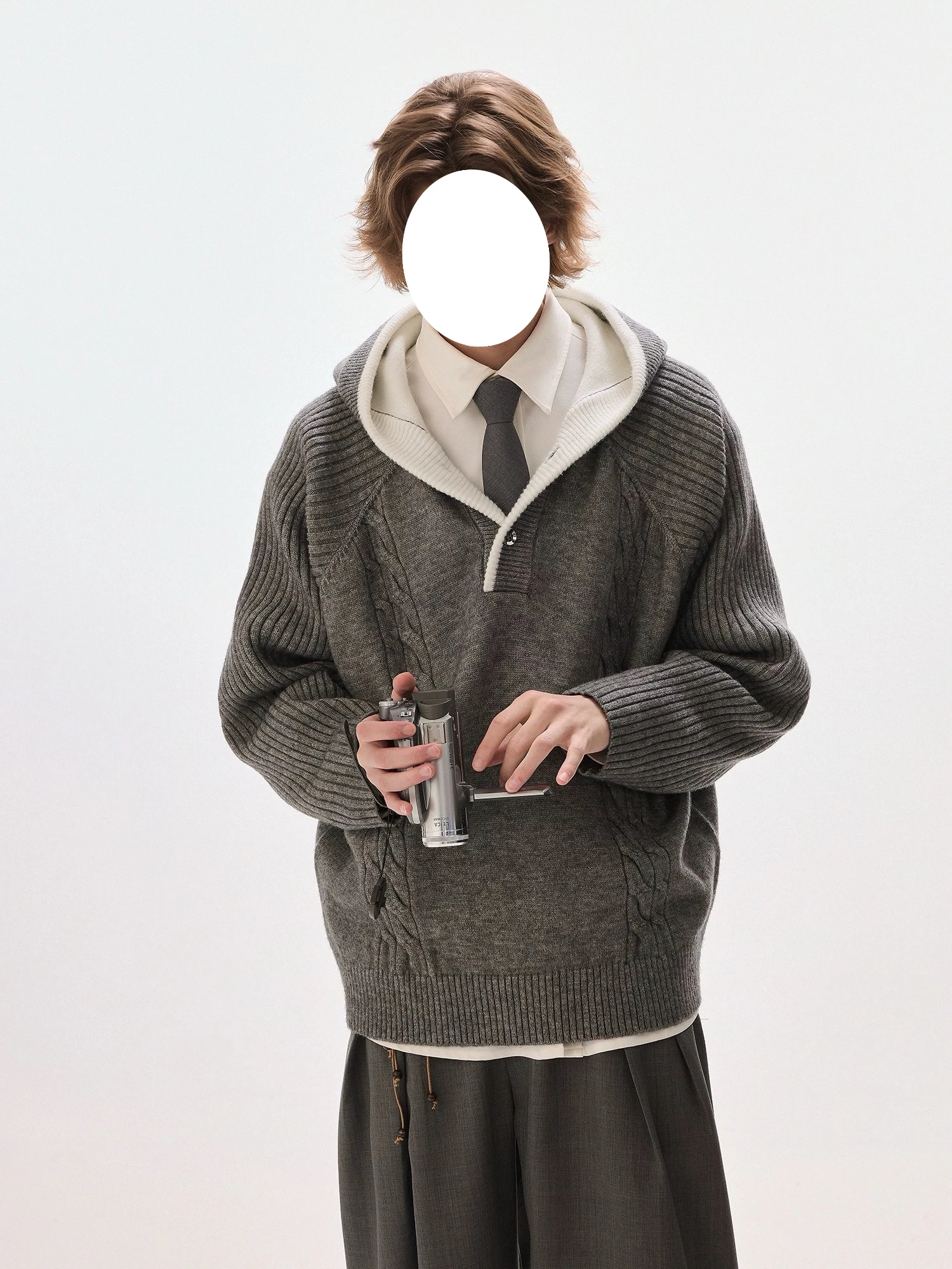 

American Sle Thiened Knitted Hat Sweatirt Men's Autumn Winter Lazy Versatile High Cleanfit Sweater Pure Color Pattern