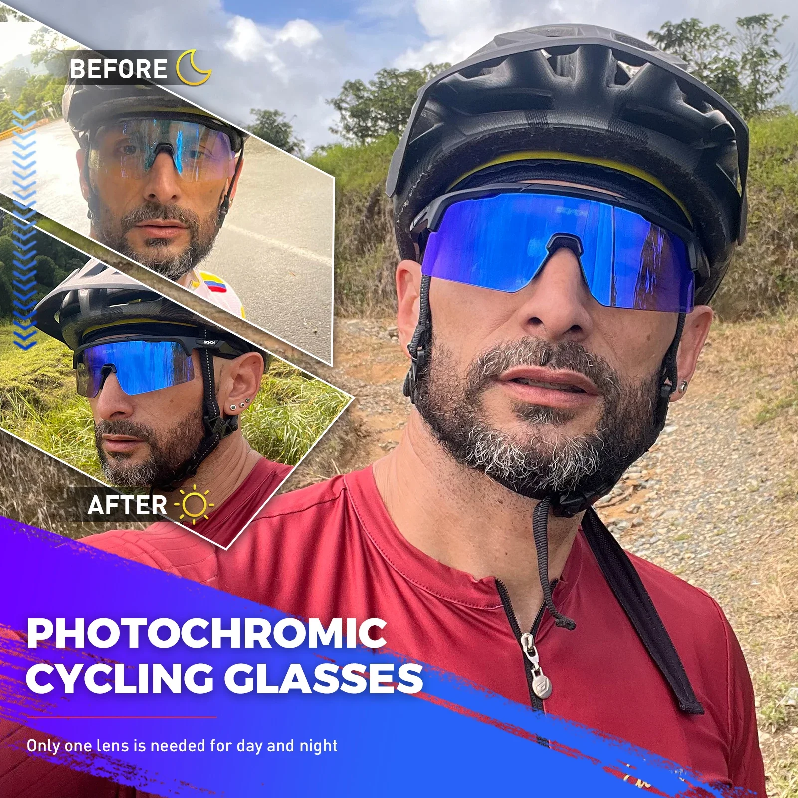 New Cycling Red Blue Photochromic Glasses Outdoor Sports Running Men\'s Sunglasses Road MTB Bicycle Goggles Women Bike Eyewear