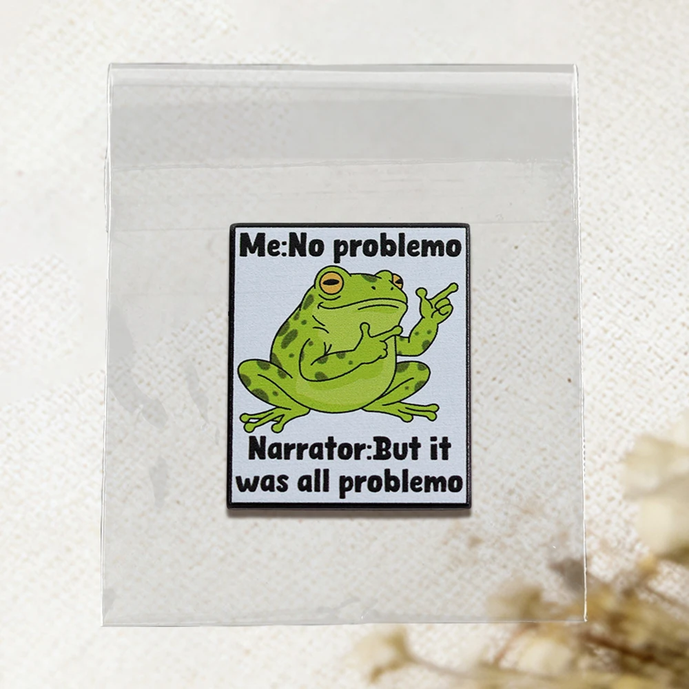 Lustiger Frosch Emaille-Pin „Me: No Problemo“ Erzähler: „Aber es war alles Problemo“ Sarkasmus Gen Z Virales Meme Anstecknadel Accessoire Schmuck – Detail 11