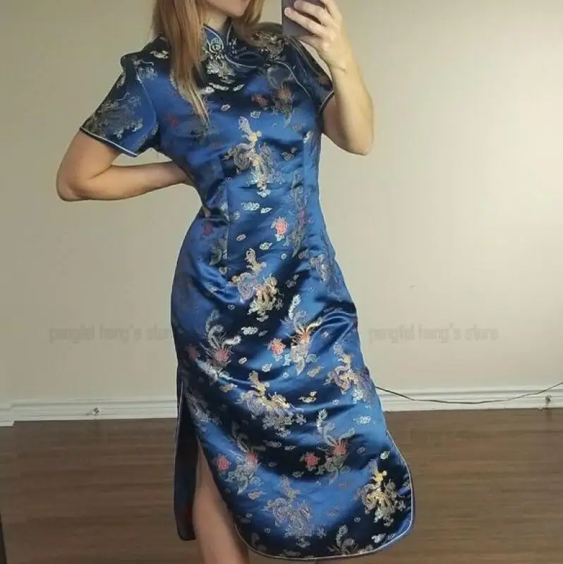 

2025 New Chinese Improved Dress Women Sexy Satin Qipao Long Evening Party Gown Stage Performance Chesongam Big Size 5Xl 6Xl