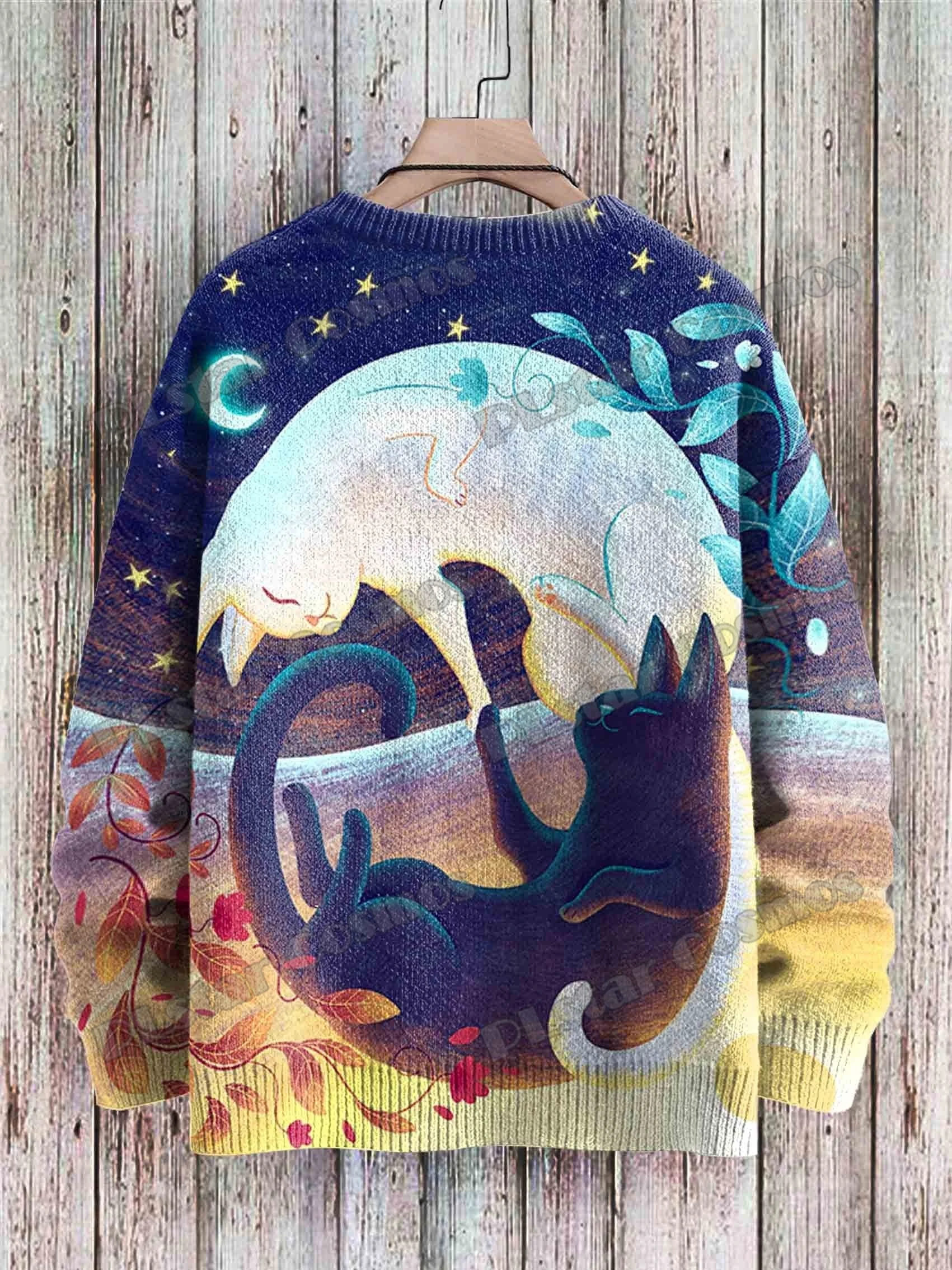 Funny Cat & Vintage Cute Cat Art Pattern 3D Printed Men's Knitted Pullover Winter Unisex Casual Knit Pullover Sweater ZZM55
