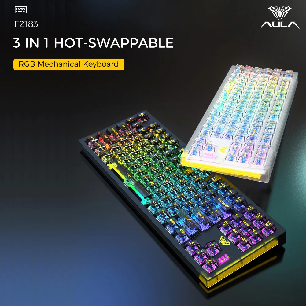 AULA F2183 RGB 87 Keys Hotswap Mechanical Keyboard Bluetooth /wired/2.4G Keyboard Transparent Keycap Keyboard for Desktop Laptop