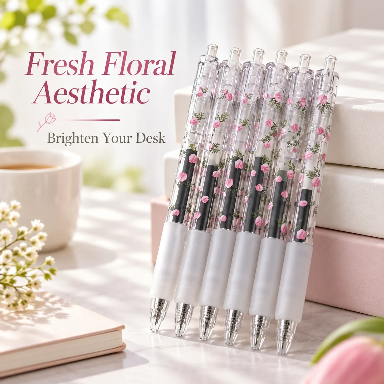 6 rose telescopic gel pens, 0.5mm fine pointed black ink transparent flower pens, used for diary notes