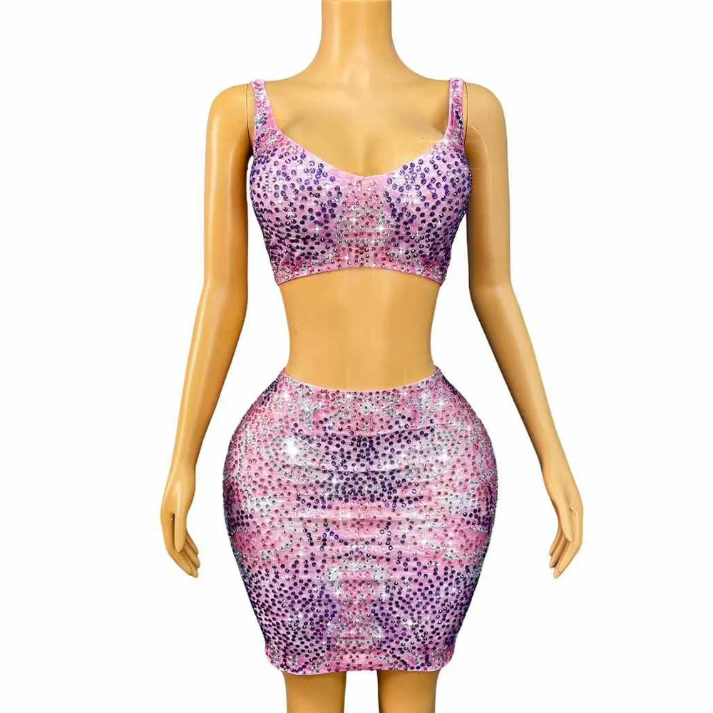

Sparkly Rhinestones Top Skirts Two Pieces Set Women Sexy Nightclub Party Outfit Female Performance Dance Costume Stage Wear