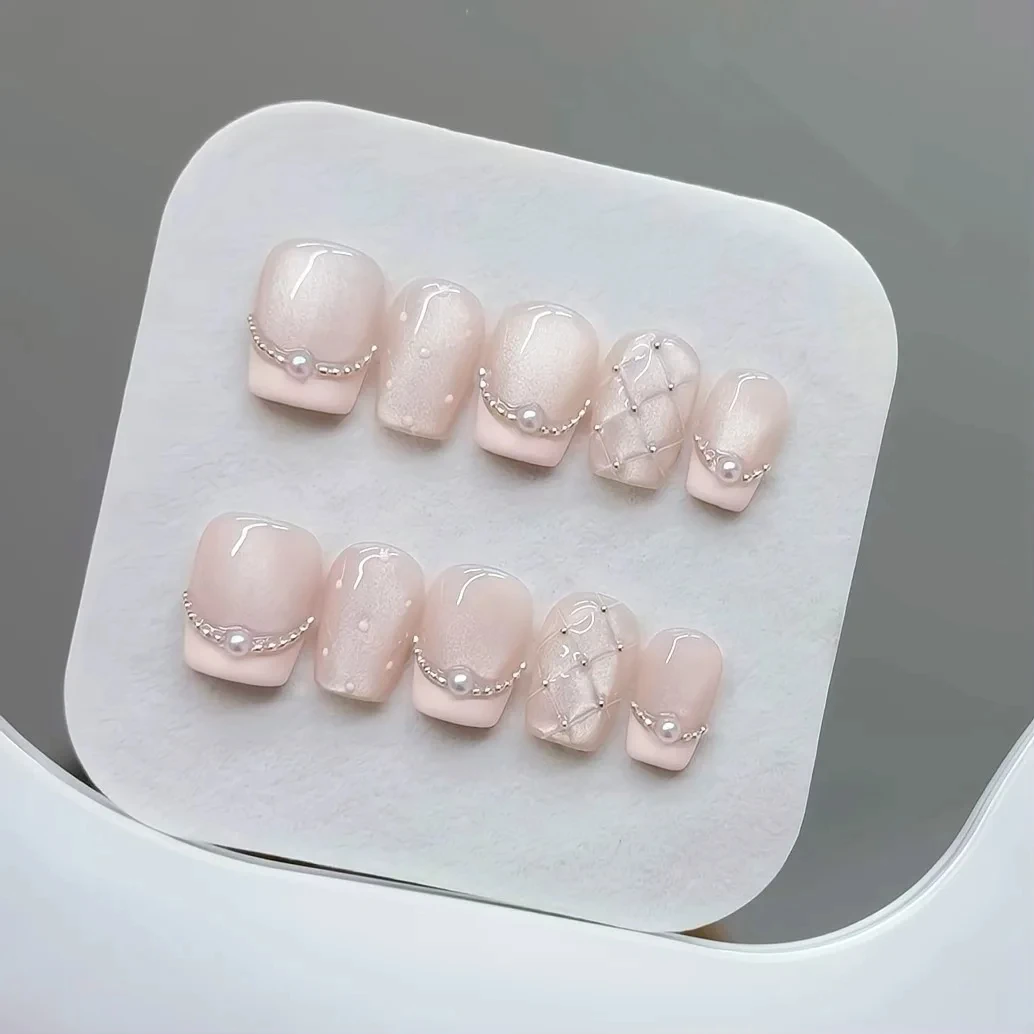 10pcs Handmade Press on Nails Cream French Cat's Eye Diamond Checkered False Nail for Women&Girls Detachable Wearable Nail Art