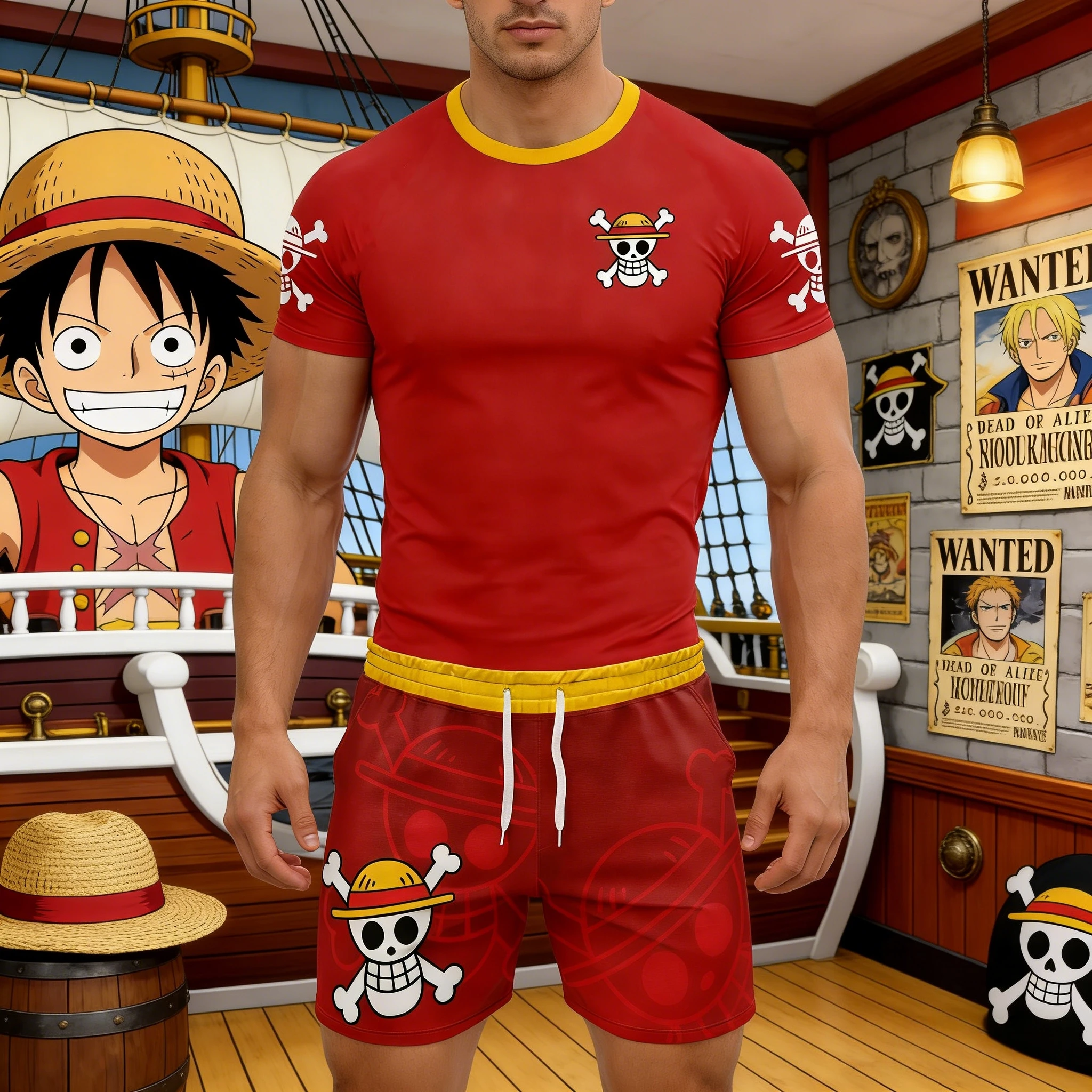 

Новинка 2026: Комплект для фитнеса One Piece Luffy (футболка с коротким рукавом и шорты) для детей и взрослых, дышащий, свободный, оверсайз, для бега и спорта