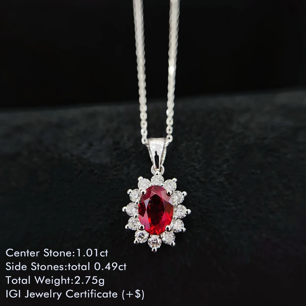 18K Yellow Gold Lab Created Ruby and Diamond Necklace Halo Style Sunflower Shaped Lab Grown Ruby Diamond Pendant Necklace