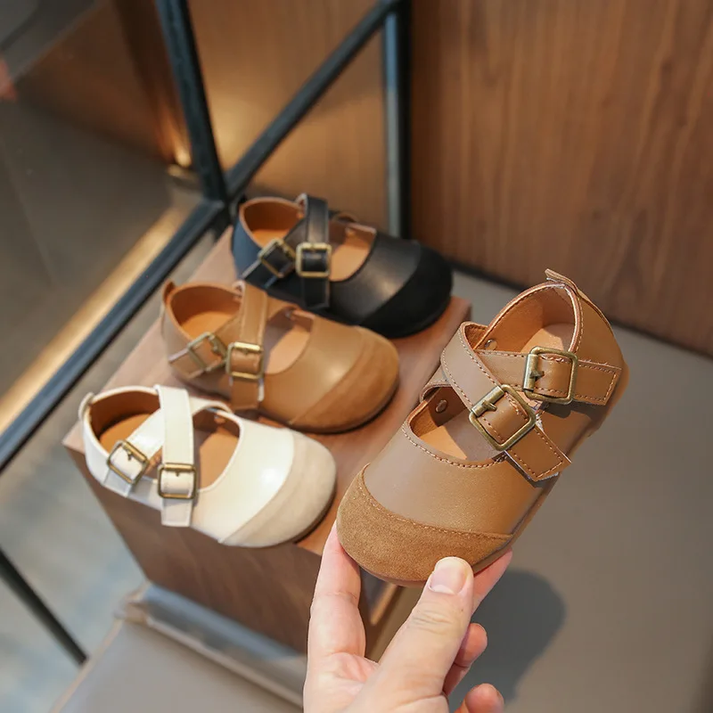 Girls Korean Version of Single Shoes 2024 Autumn New Lady Cross Princess Girl Baby Soft Soled Small Leather Shoes