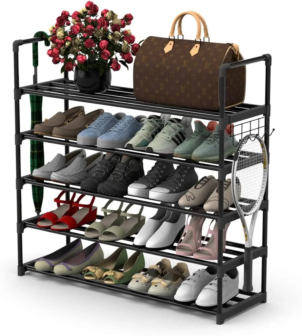 

5 Tiers Metal Shoe Rack,Adjustable Shoe Shelf Storage Organizer with Hooks,Stackable Boot & Shoe Storage,for Entryway