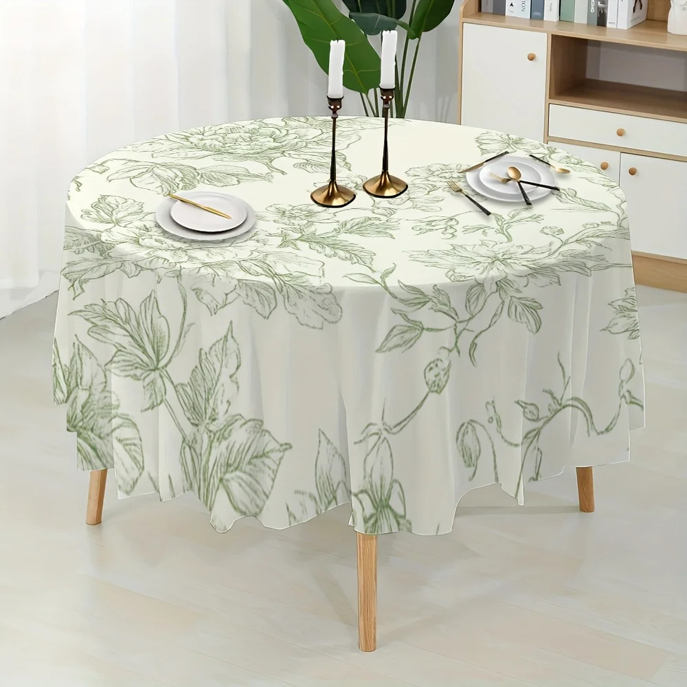 One elegant mint green floral round tablecloth with white ruffles - durable fabric