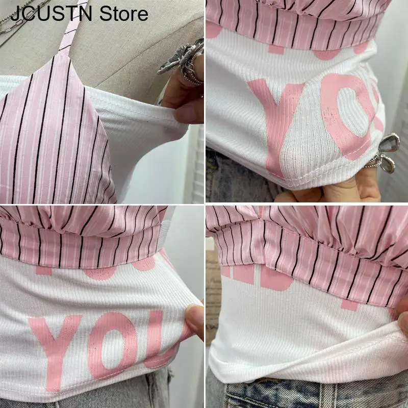 Y2Kサマー新作タンクトップ レディース セクシー 2点セット ストラップレス キャミソール 原宿系 ゴス レター エモ ガールズ ストリートウェア グランジ クロップトップ