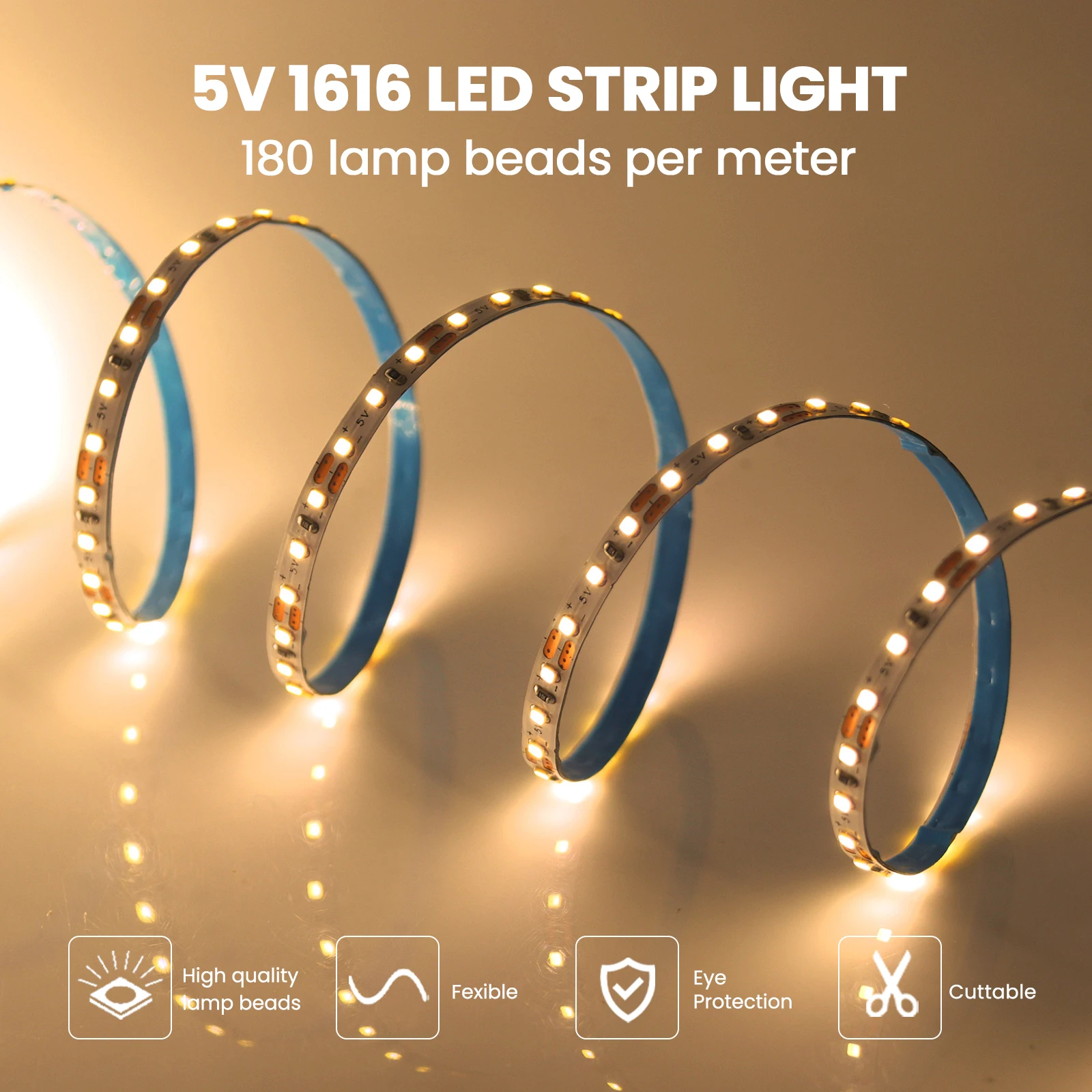 Flexível LED Strip Lights para Decoração de Casa, Fita Fita, Luzes Corda, USB, SMD 1616, 180LEDs, M, Branco, Branco Quente, Largura 4mm, 1m, 2m, 3m, 5m