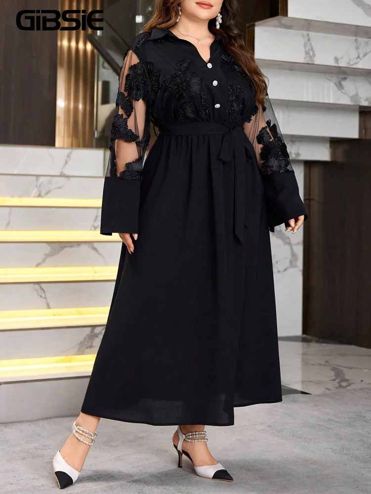 GIBSIE Plus Size V-Neck Mesh Embroidery Belted Shirt Dress Women Spring and Autumn Bell Sleeve Black Elegant A-line Long Dresses