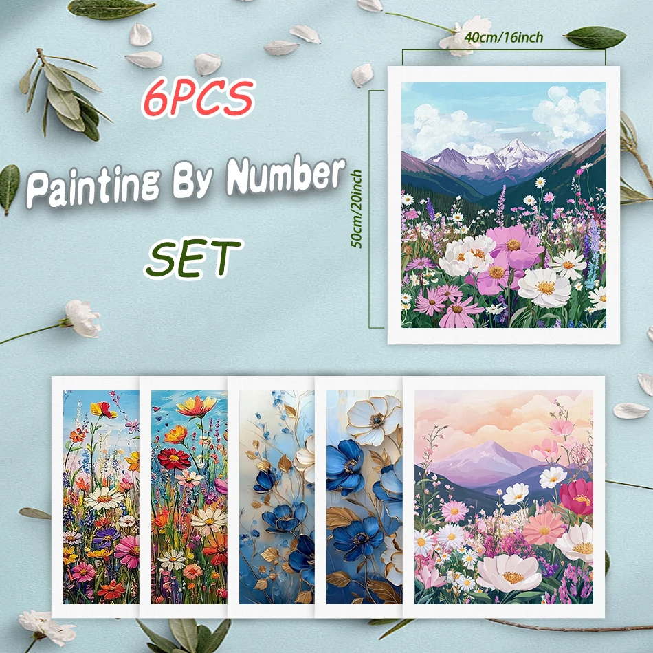 6pcs Painting On Numbers Colorful Flower Clusters Coloring By Number Decor Art Acrylic Paint Paintings For Interior Home Decor