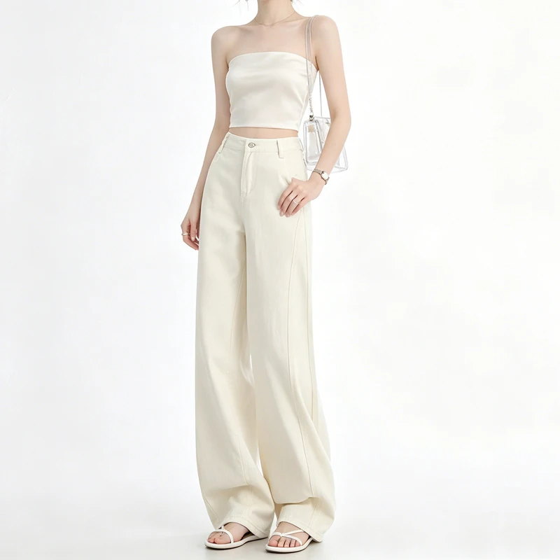 Vintage Cream White Soft Draped Hip Hide Wide Leg Straight Jeans Ladies Loose Fit Spring Summer Daily Casual Pants