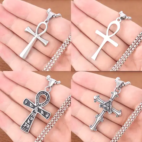 Trendy Charms Ancient Egyptian Ankh Cross Pendant Chain For Men Women Stainless Steel INRI Jesus Necklace Amulet Jewelry Gifts