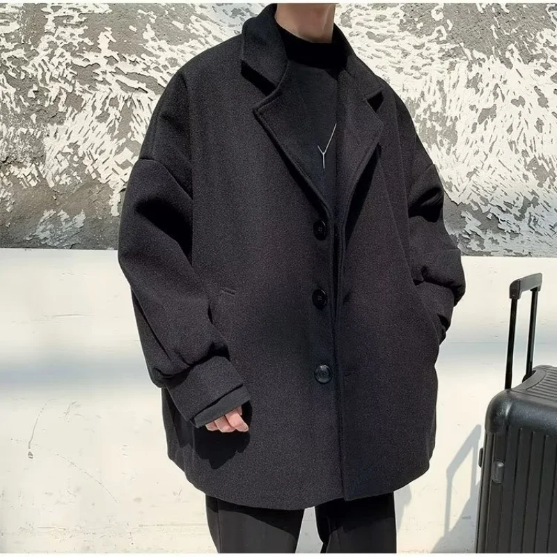 

Черное шерстяное пальто для мужчин, наряд средней длины, осенние и зимние стили, элитная повседневная ветровка