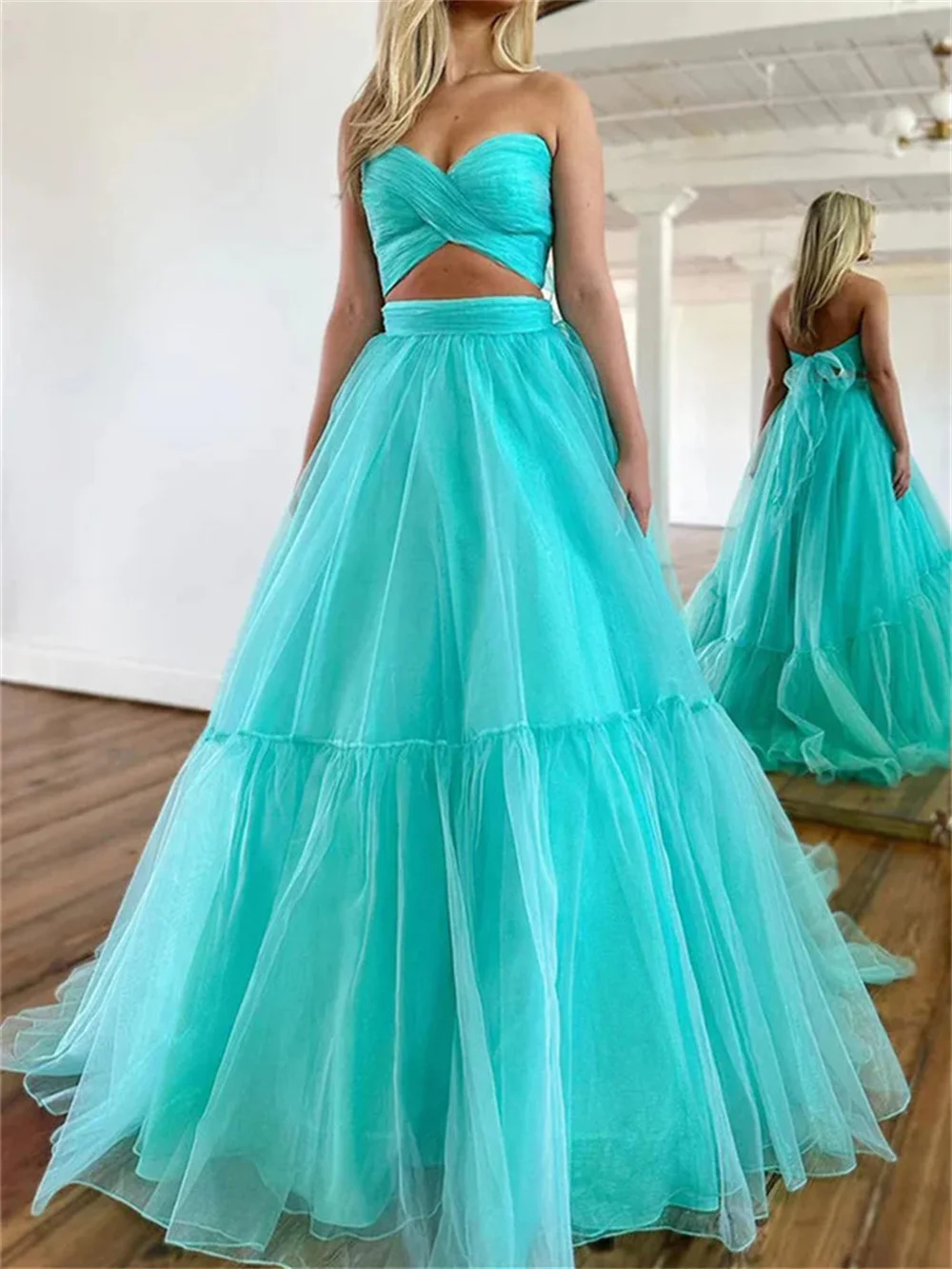 Two Pieces Sweetheart Formal Evening Dresses Tulle Pleated Corset Prom Gowns Back Lace-up Sleeveless Backless A-line Long Gowns