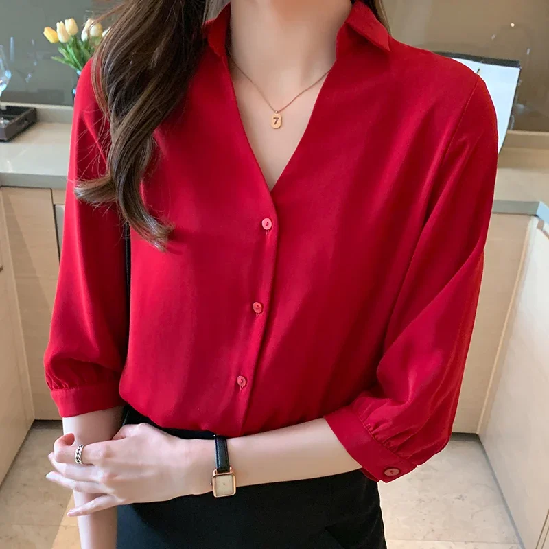 

Women's Shirt Vintage Red Button Blouses for Women Short Sleeve Shirts Top Polo Neck Solid Blouse Office Lady Basic Shirt J32