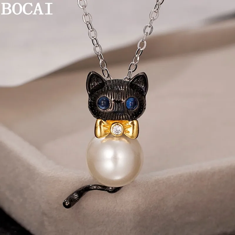 BOCAI New S925 Sterling Silver Fashionable And Cute Little Cat Pendant Women's Selected Gift