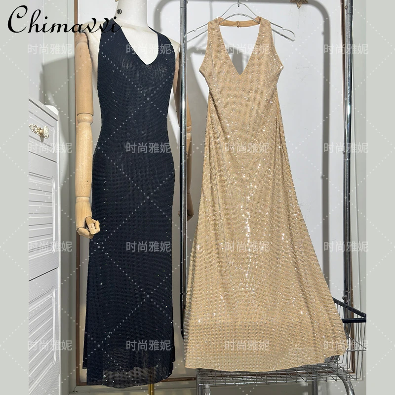 

Fashion New 2025 Summer New Heavy Industry Diamond Women's Dress Sexy Slim-fit Temperament Suspender Vest V-neck Dresses