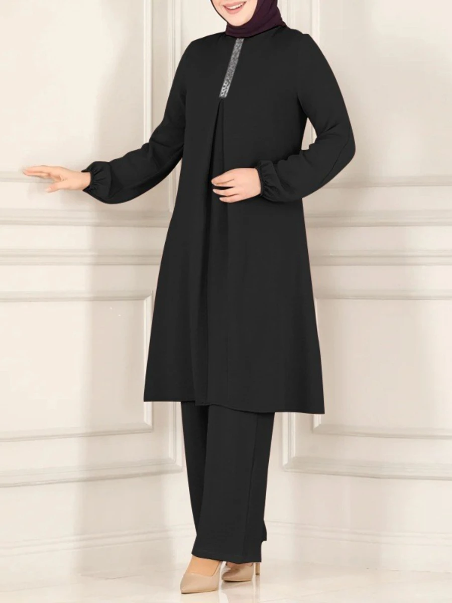 Abaya Muslim Woman Dress Solid Color Elegant Long Sleeved Shirt Loose Wide Leg Pants Set Vintage Prayer Thin Female Clothes 2024